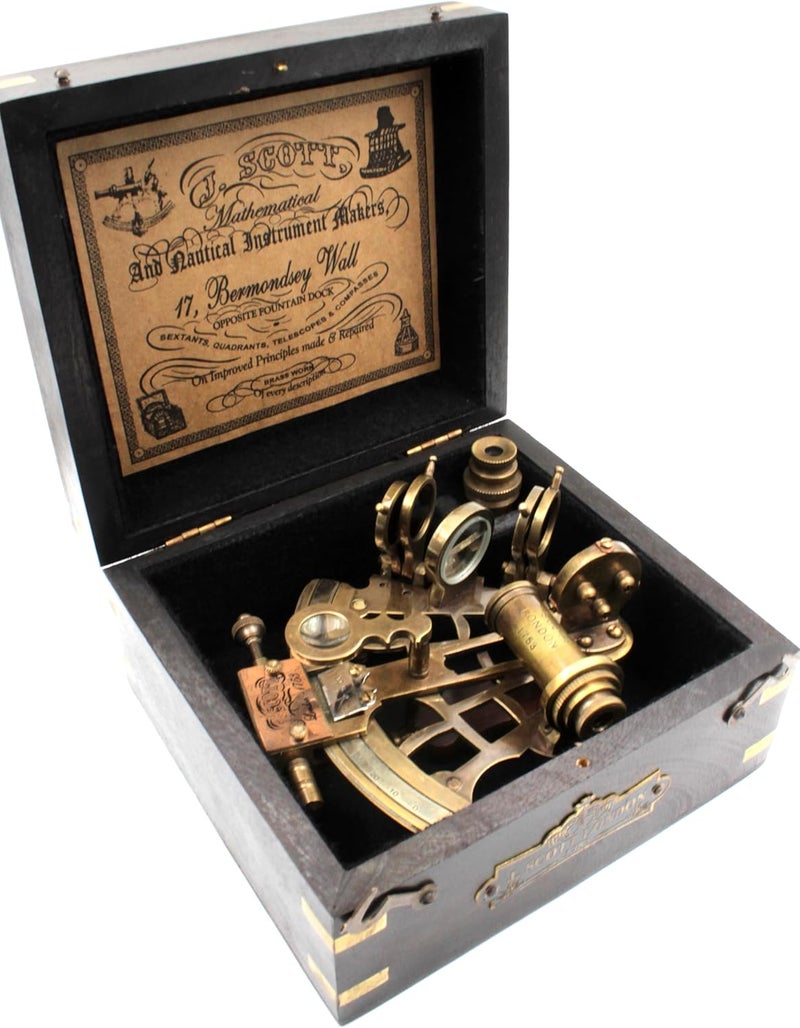 OCEAN REPLICAS J. Scott London Brass Sextant – Vintage Solid Antique Nautical Maritime Navigation Instrument with Hardwood Display Box – Functional Ship History Decor & Gift - Image 1